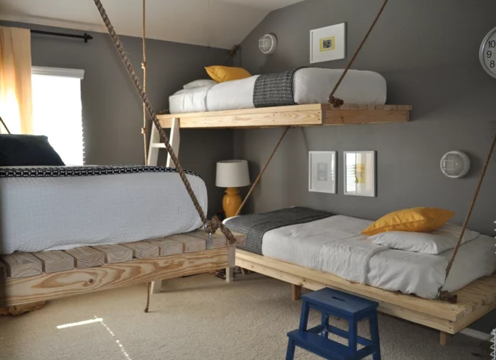 schlafzimmer design hängende betten kinderzimmer graue wandfarbe