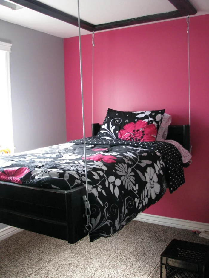 schlafzimmer design mädchenzimmer einrichten hängendes bett rosa wandgestaltung