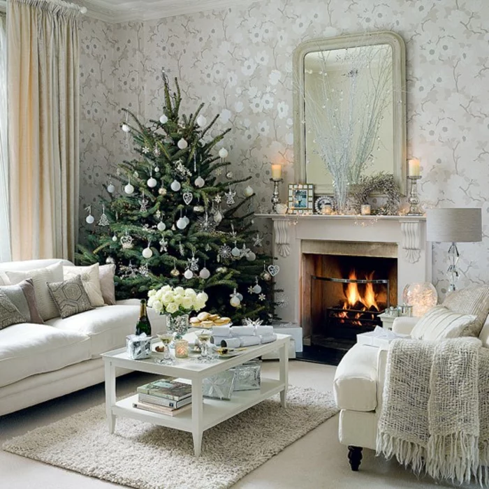 shabby chic wohnzimmer ideen einrichtung couchtisch vintage mustertapete floral weihnachtsbaum
