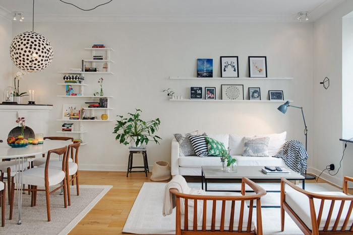 sofa skandinavisches design weiß offener wohnplan essbereich leuchter