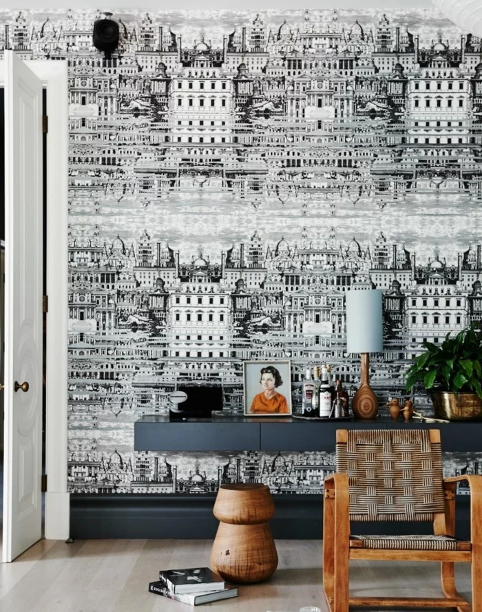Wohnzimmer Tapeten Ideen - Mustertapete mit Stadt-Abbildung