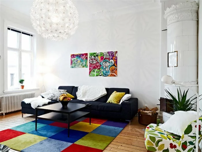 teppichläufer wohnzimmer farbiges muster holzboden