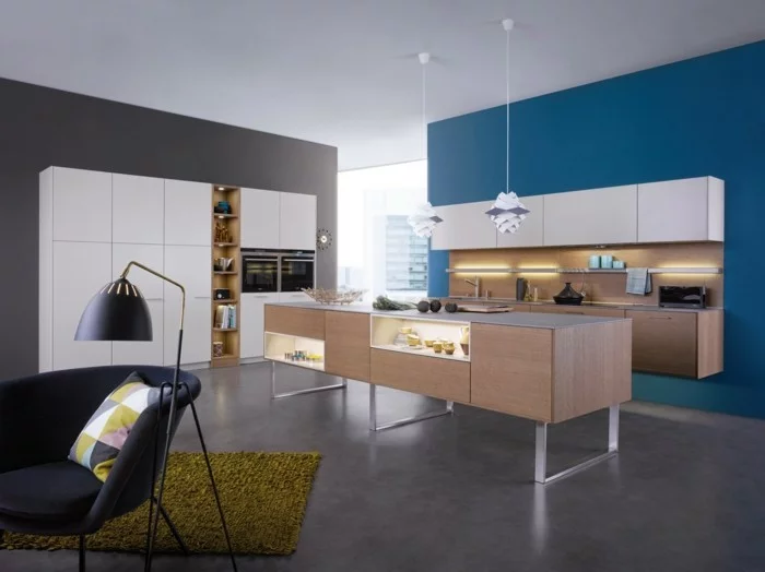 wandgestaltung küche blaue und grau kombinieren