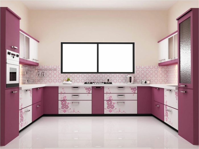 wandgestaltung küche wandfliesen rosa küchenschränke weißer boden