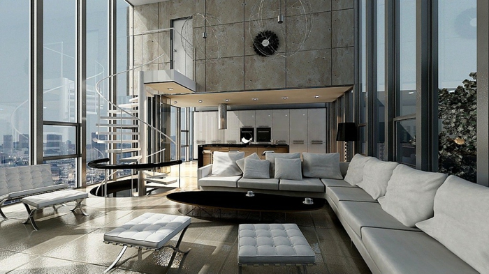 wendeltreppe design wohnzimer bodenfliesen panoramafenster