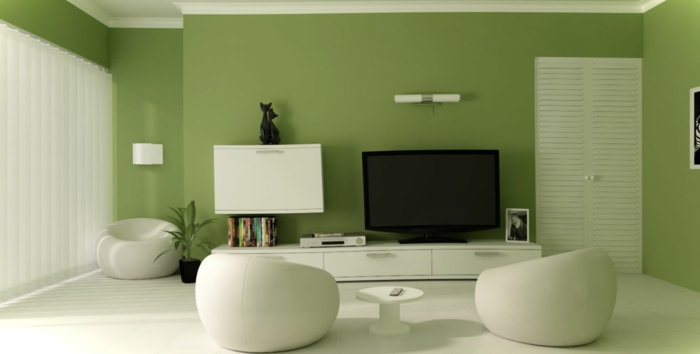 wohnidee wohnzimmer grüne wandfarbe weiße möbel