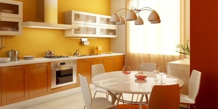 wohnideen küche gelbe wandfarbe und weiße bodenfliesen