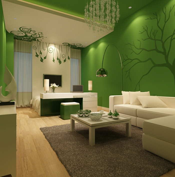 wohnzimmer einrichten ideen grüne wände schöne wanddeko beiger teppich