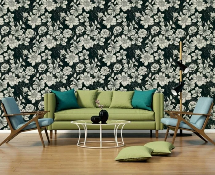 Wohnzimmer Tapeten Ideen - dramatisches Blumenmuster in Schwarz und Weiß