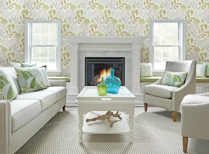 Wohnzimmer Tapeten Ideen - helles florales Muster im weißen Wohnbereich