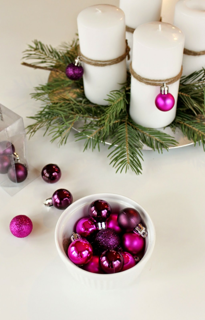 ideen adventskranz diy dekoideen weihnachten lila baumanhänger