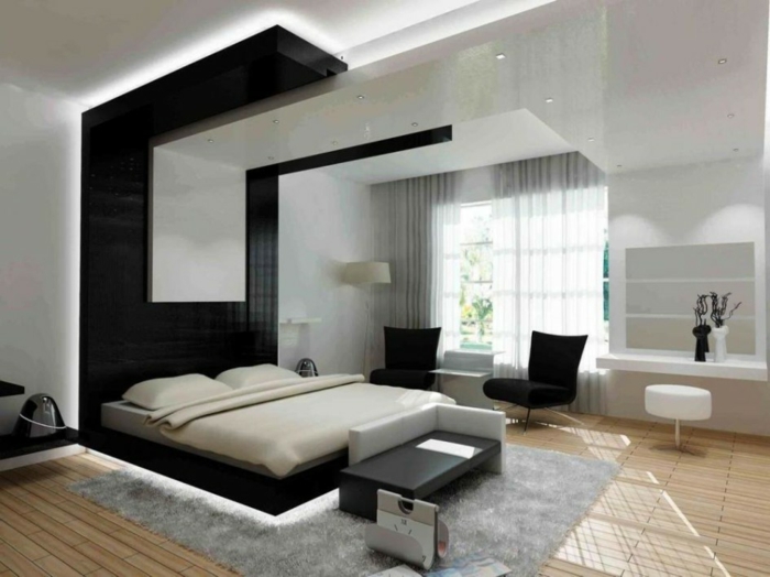 ausgefallene betten schlafzimmer schwebendes doppelbett schwarz weiß