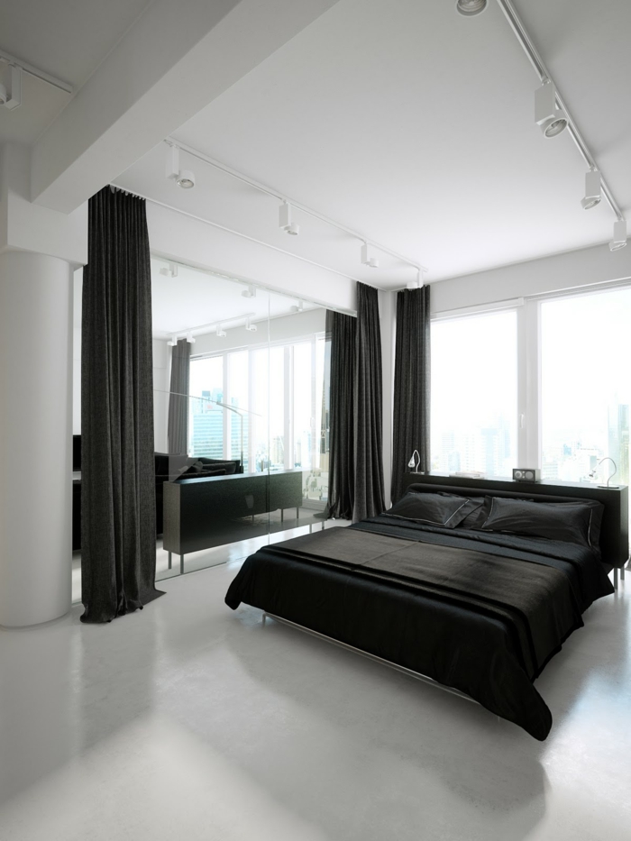 einrichtungsideen schlafzimmer schwarze bettwäsche weißer teppichboden
