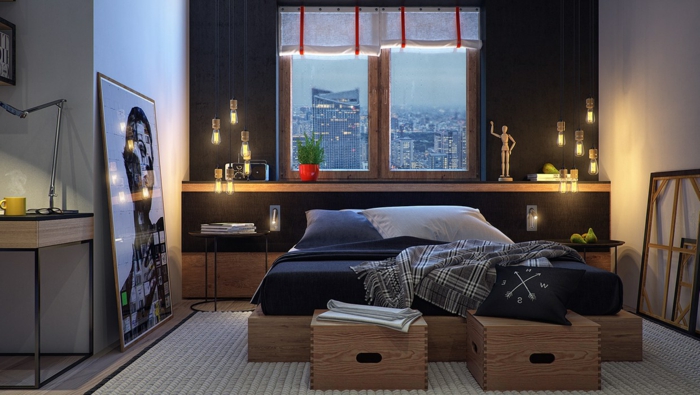 einrichtungsideen schlafzimmer urban stil hängeleuchten schwarze akzentwand
