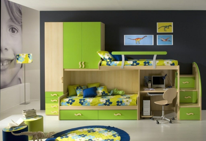  etagenbett design kinderzimmer einrichten ideen grüne akzente runder teppich blumenmuster