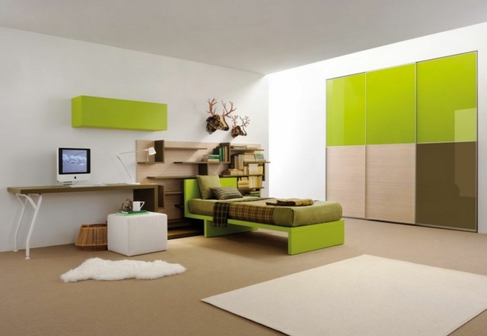jugendbett grünes design weißer teppich hocker eingebauter schrank