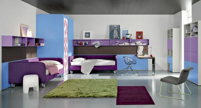 jugendzimmer einrichten doppelzimmer lila betten farbige teppiche