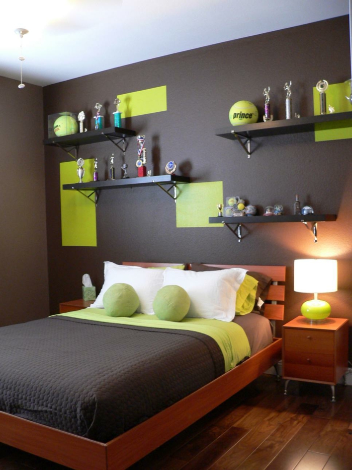 jugendzimmer einrichten grüne akzente graue wandfarbe schönes bettkopfteil