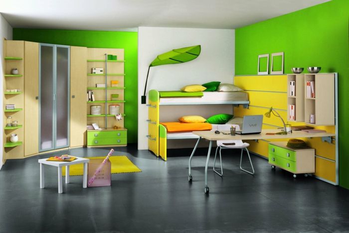kinder etagenbett kinderzimmer einrichten ideen grün gelb dunkler boden