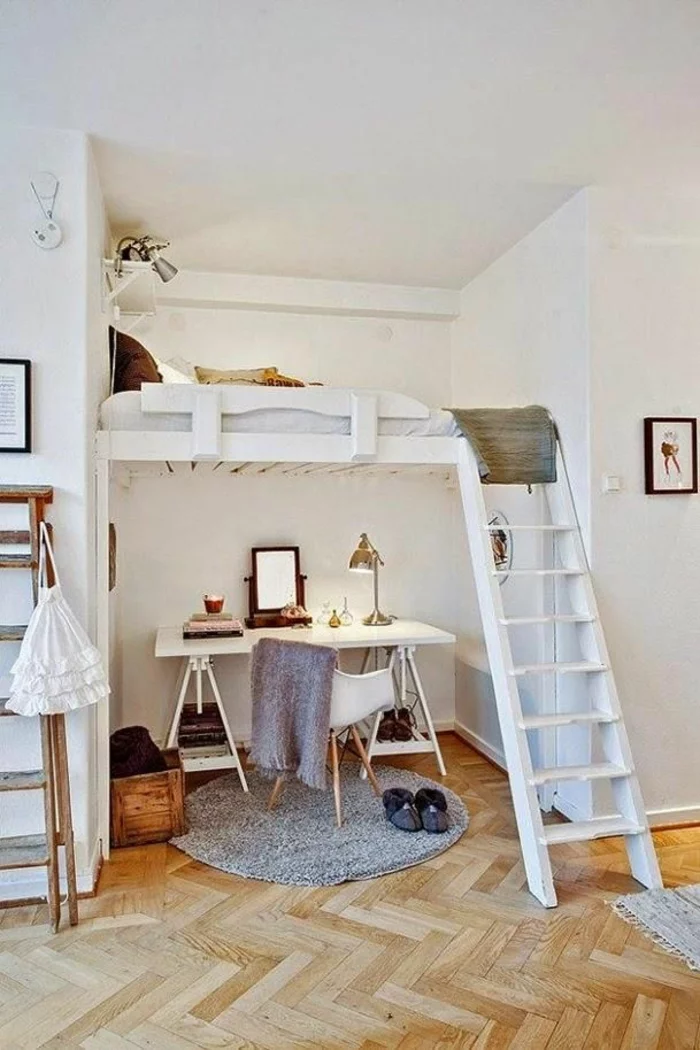 kleines schlafzimmer einrichten puristische zimmereinrichtung hochbett runder hochflorteppich