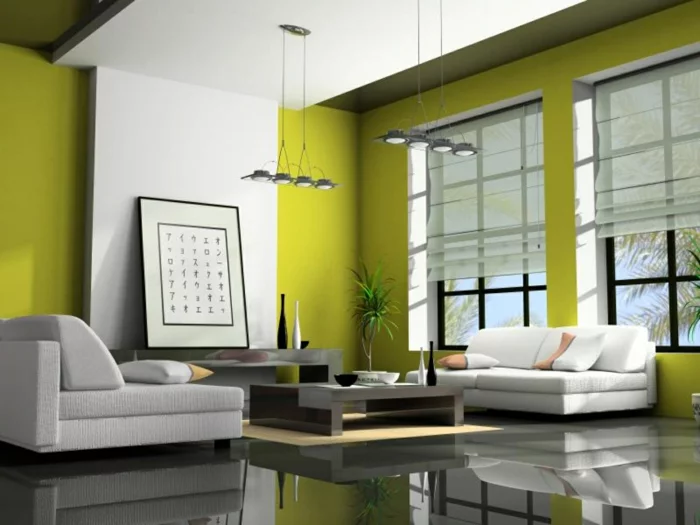 kleines wohnzimmer einrichten apfelgrüne wandfarbe hochglanz bodenbelag weiße sofas