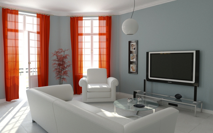 kleines wohnzimmer einrichten weiße möbel glastisch kommode orange vorhänge