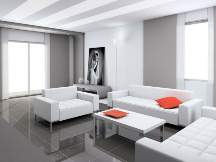 kleines wohnzimmer einrichten weiße wohnzimmermöbel sofa sessel graue vorhänge fliesen