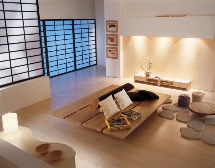 kleines wohnzimmer einrichten zen japanischer stil holz couchtisch