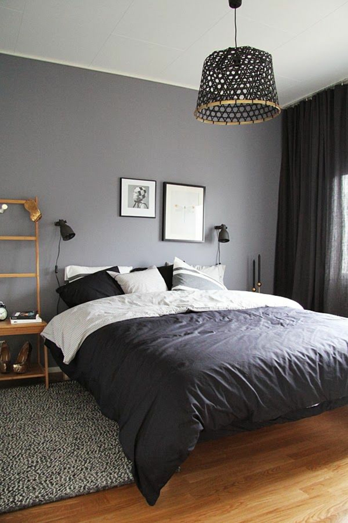 schlafzimmergestaltun graue wandfarbe tagesdecke geflochtene pendelleuchte