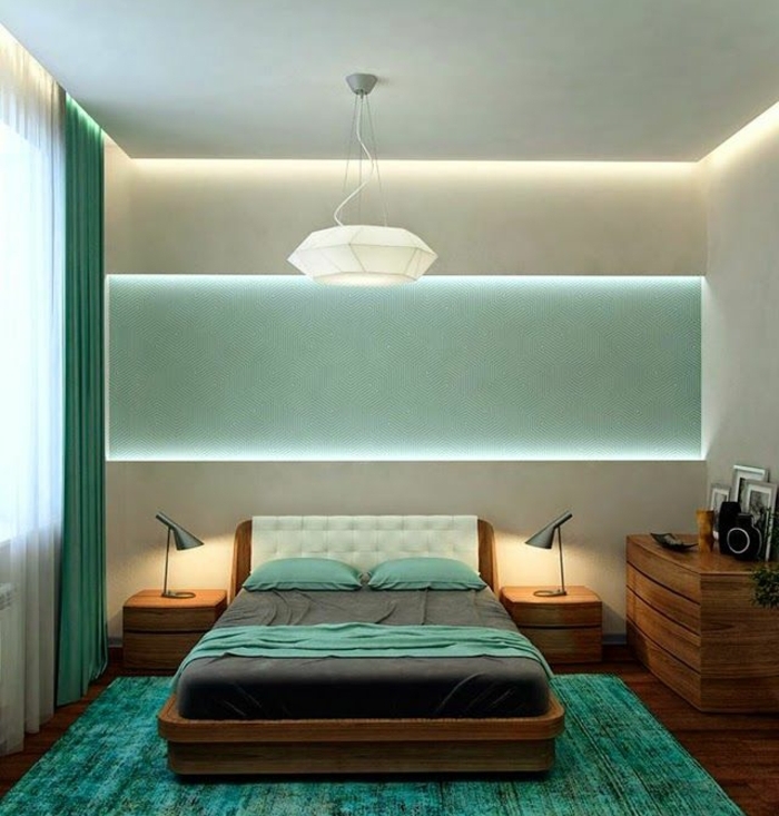 schlafzimmergestaltun grüne nuancen geometrisches design pendellampe