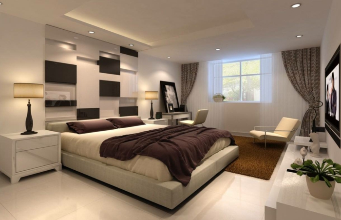 schlafzimmergestaltung modernes design hochflorteppich eingebaute deckenleuchten