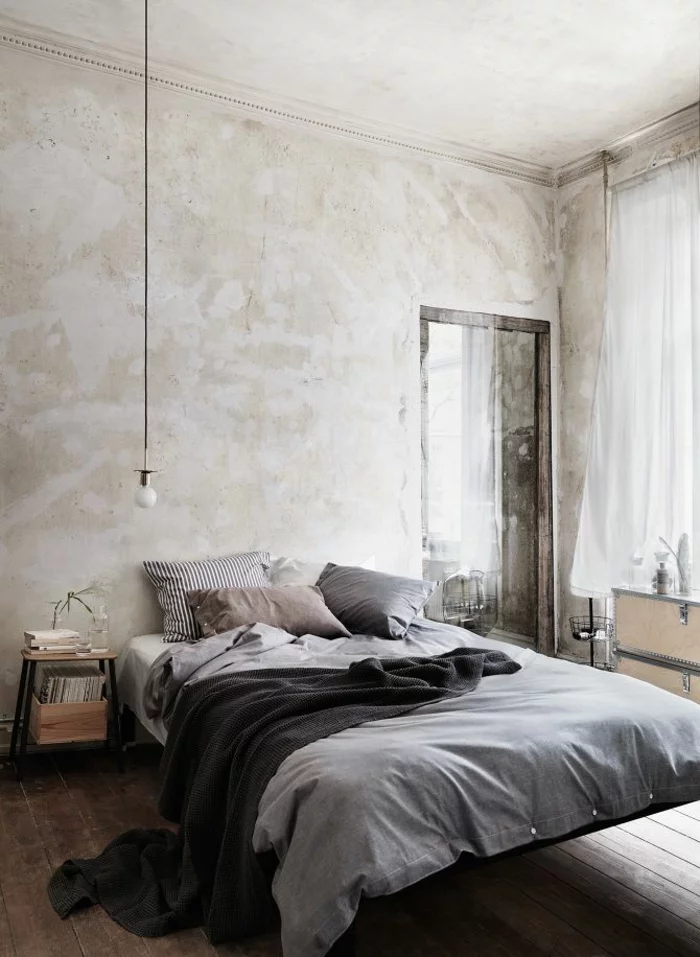 schlafzimmergestaltung shabby chic stil graue nuancen maskulin