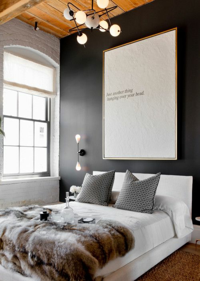 schlafzimmergestaltung graue wandfarbe pelz bettdecke