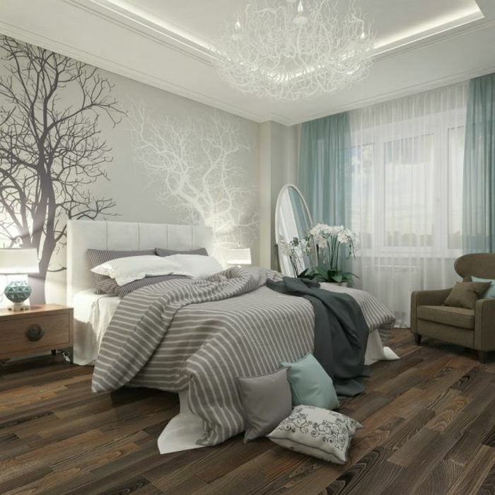 schlafzimmergestaltung hellgrau wandfarbe holzoptik laminat gestreifte bettwäsche