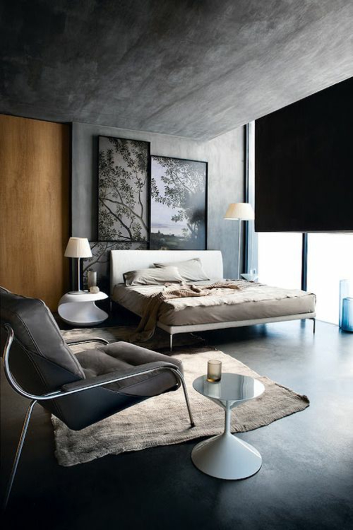 schlafzimmergestaltung moderne möbel betonoptik wände decke