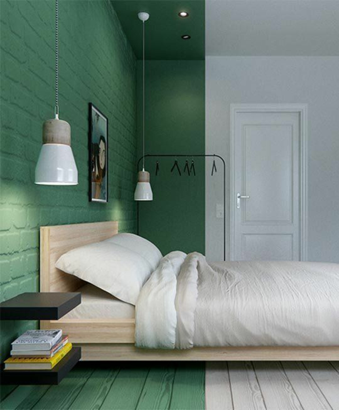 schlafzimmergestaltung puristisch grün weiß wandfarbe holz bettgestell