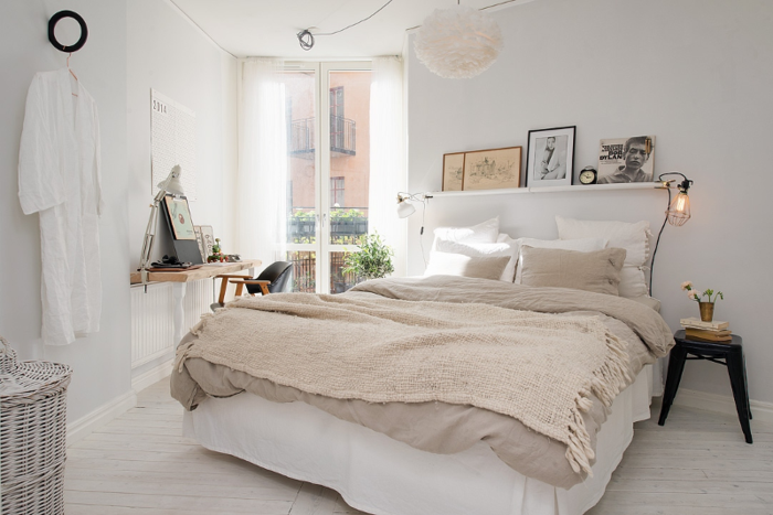 schlafzimmergestaltung tagesdecke wolle beige weiße wandfarbe