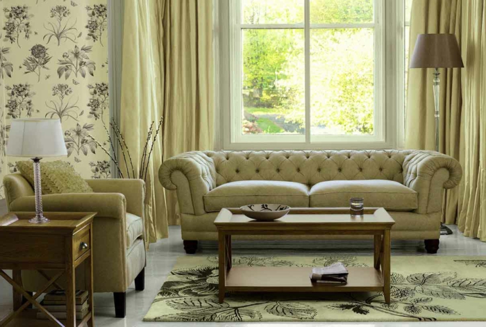 tapete vintage florale elemente teppichmuster sofa gardinen