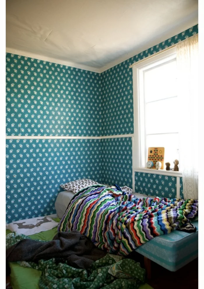 vintage tapete schlafzimmer gestalten blau grün