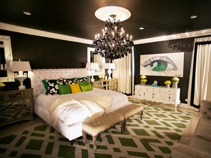 wandfarben ideen schwarz schlafzimmer weißes bett grüne elemente