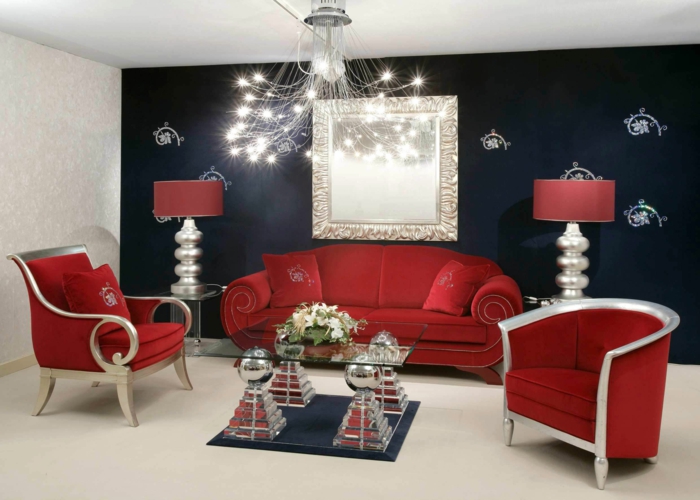 wandfarben ideen wohnzimmer rote möbel schwarze akzentwand glastisch