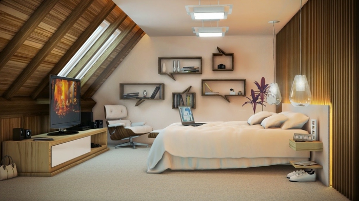 wohnideen schlafzimmer dachschräge coole wandregale pendelleuchten