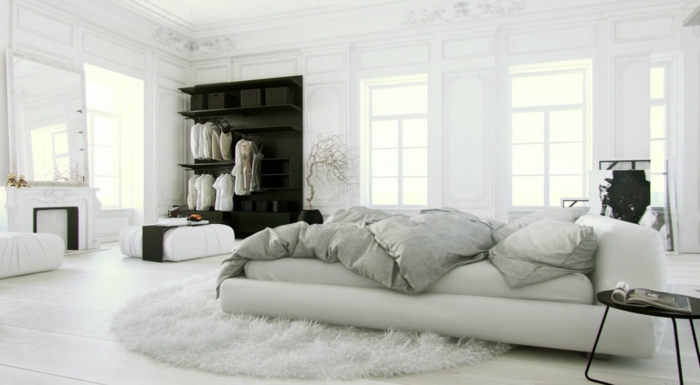 wohnideen schlafzimmer runder teppich weißes innendesign