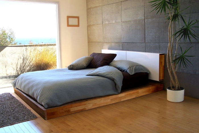 wohnideen schlafzimmer schlichtes innendesign beruhigend pflanze panoramafenster