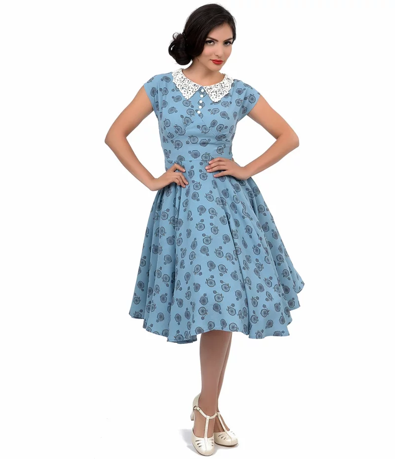5oer Mode Vintage Kleider 50er Retro Kleid Kragen Spitze