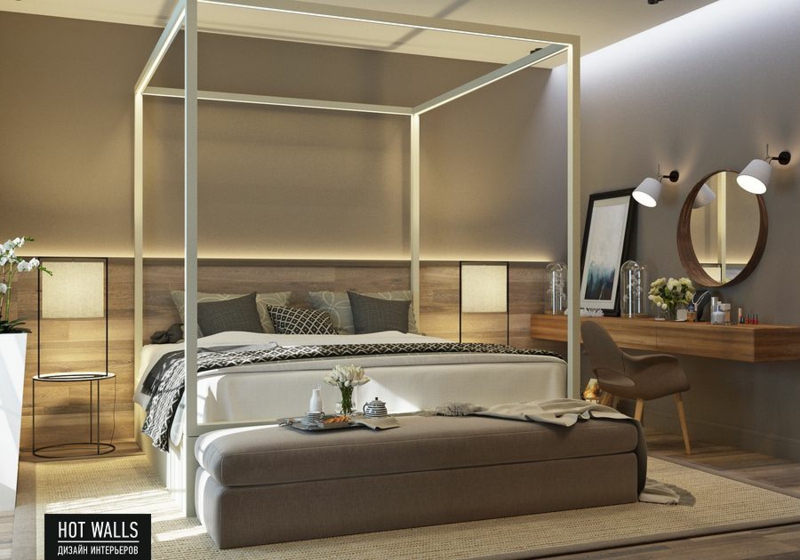 Einrichtungsbeispiele Schlafzimmer einrichten Himmelbett Wandfarbe Grau
