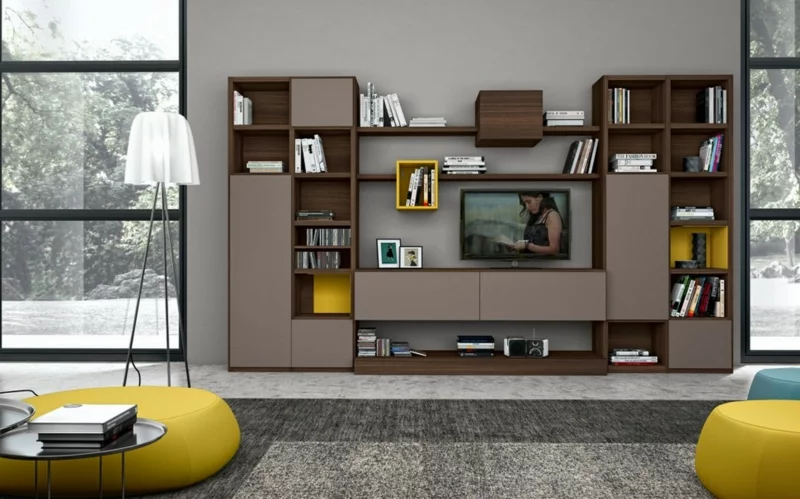 Ideen für kreative Wandgestaltung Wohnzimmer TV Wohnwand offene Regale Holz