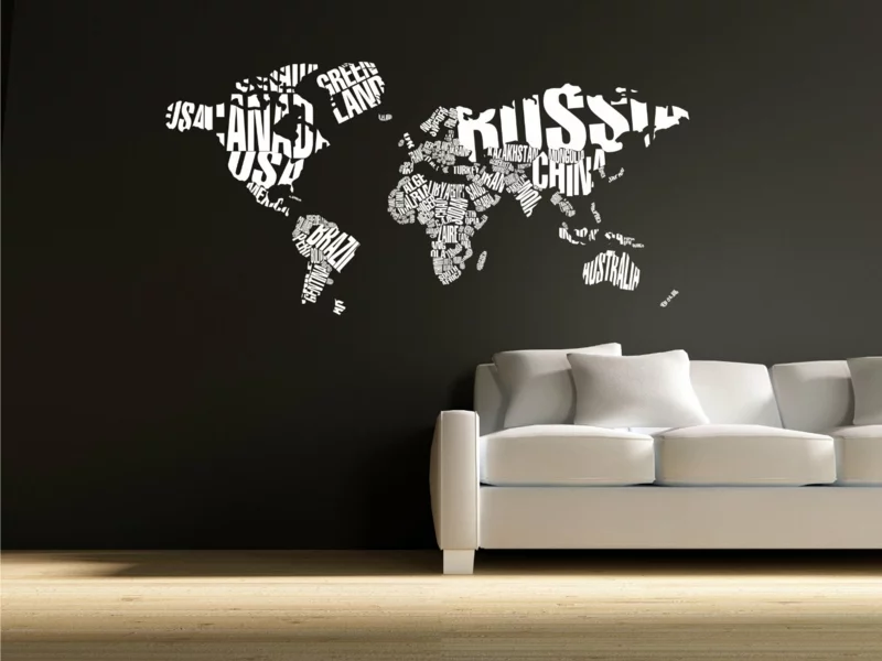 Ideen für kreative Wandgestaltung Wohnzimmer Weltkarte