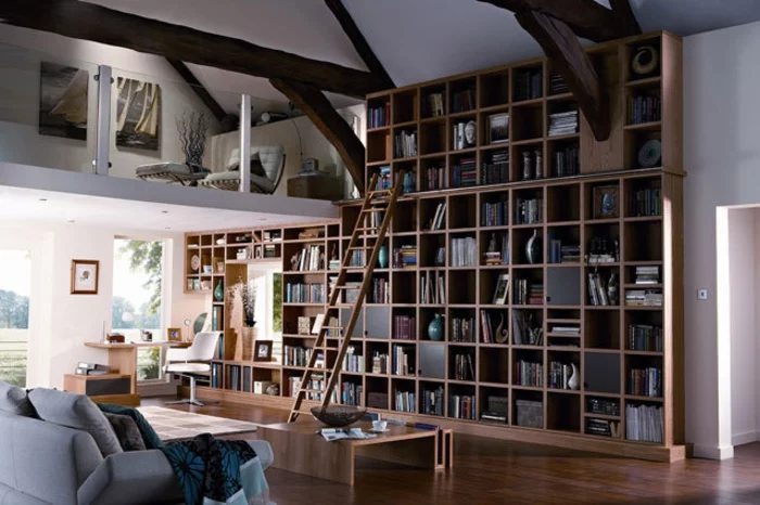 Wohnraumgestaltung modernes Wohnzimmer Bibliothek Holz Einrichtungsbeispiele
