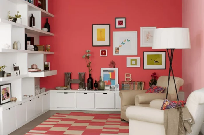 Wohnraumgestaltung rote Wandfarbe Wohnzimmer Einrichtungsbeispiele